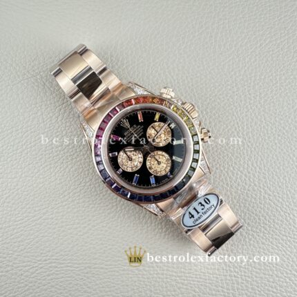 Rolex Daytona Rainbow Replica Clean Factory Oro Rosa 18K Quadrante Moissanite Zaffiri Super Clone