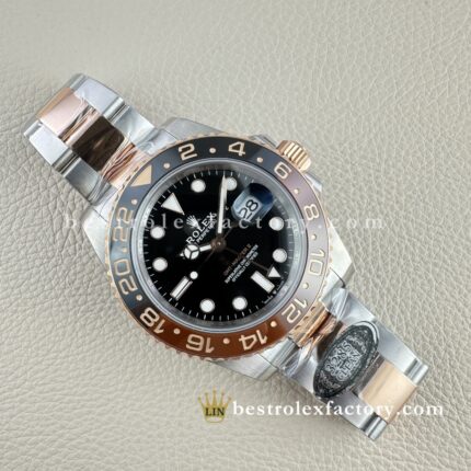 Clean Factory Rolex GMT-Master II Root Beer Super Clone 3285 Movement 126711CHNR-0002 The best replica and upgraded real rose gold wrapped two tone Oyster Bracelet