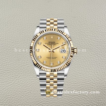 Rolex Datejust 126233-0017 Moissanite Super Clone – Champagne Dial with Yellow Gold Two-Tone | Clean Factory Replica