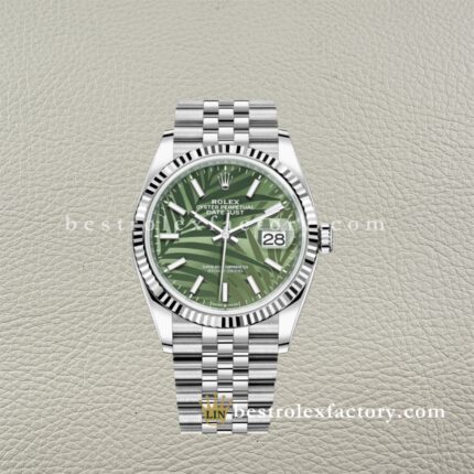 Rolex Datejust 126234-0047 Super Clone | Quadrante Motivo Palma Verde, Bracciale Jubilee, 36mm, Oro Bianco